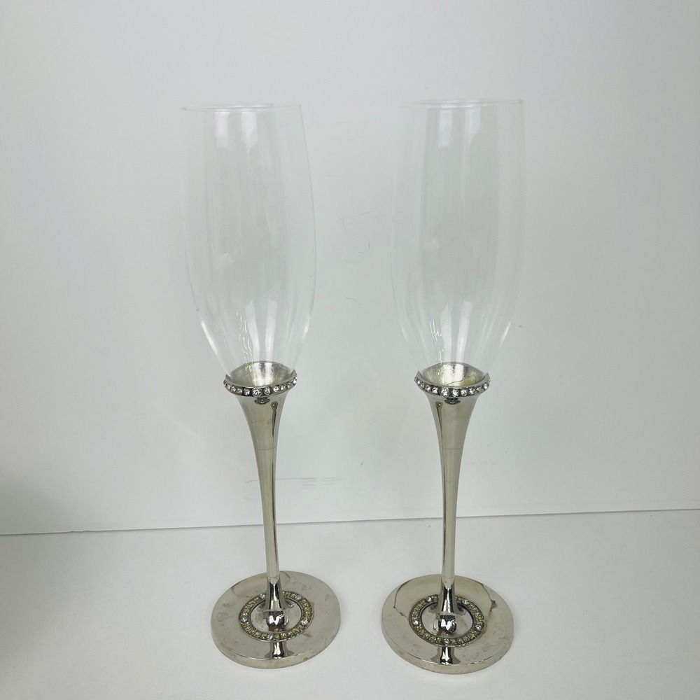 Champagne Flutes Set of 2 Silver Rhinestone Accent Elegant Good